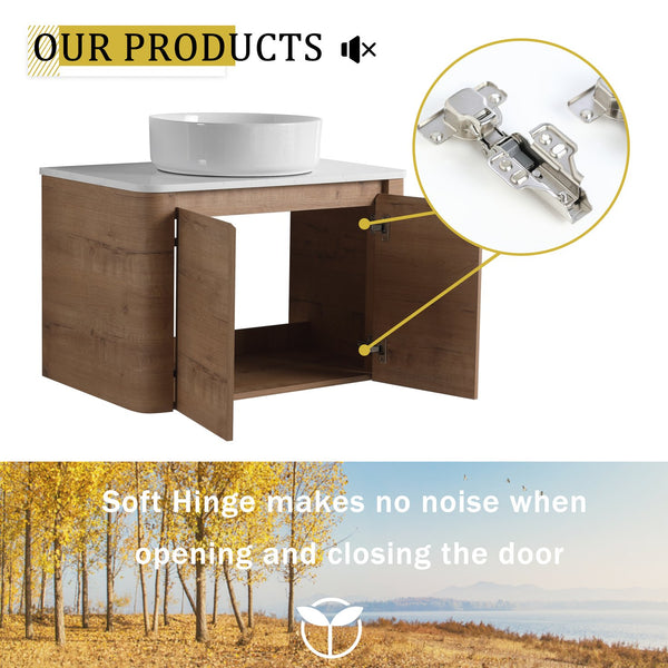 English Elm 54'' Elegant Wall-Mounted Bathroom Vanity With Ceramic Vessel Sink, Soft-Close Doors & Storage Shelves W999S00414