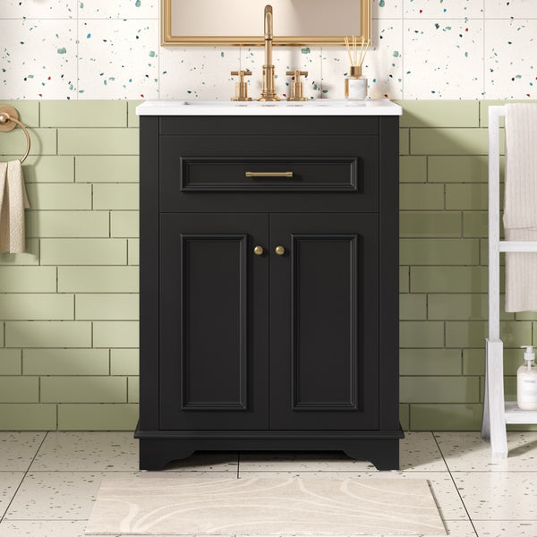English Elm 24" Matte Single Sink Vanity Solid Poplar Frame Gold Hardware Soft Close Cabinet Black N710P389449B