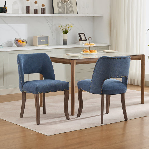 English Elm Wooden Modern Fabric Dining Chairs Set of 2 with Hollow-Out Back, Copper Nail Detail, Curved Legs Blue W1143P372914