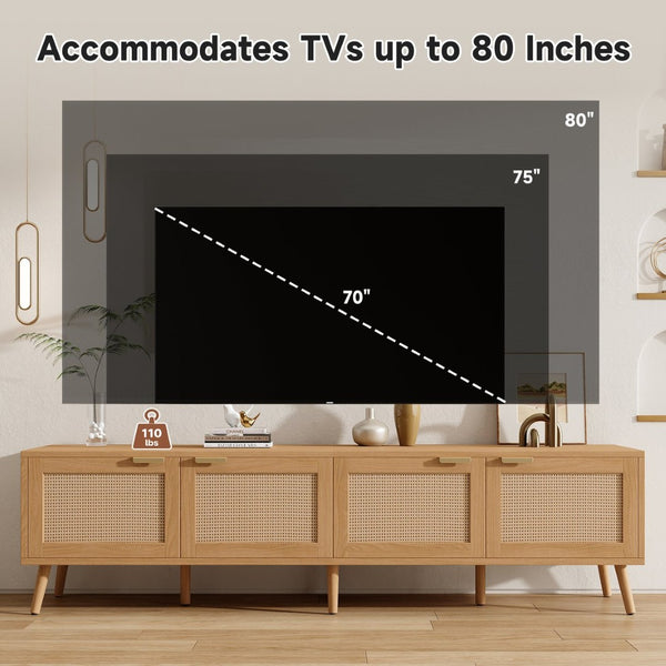 English Elm 70inch Rattan Door Media Console with Pine Legs and Cable Management for Living Room N710P365049P
