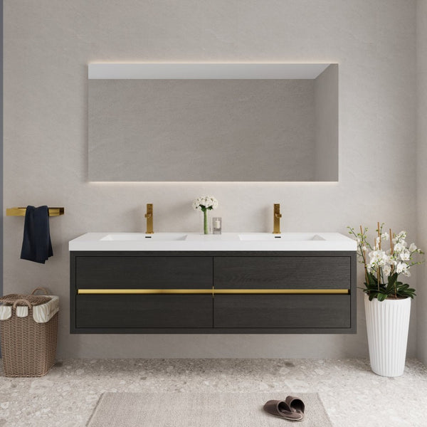 English Elm 72'' Floating Double Vanity Smoked Walnut Fluted Mdf Cabinet with Quartz Basins Espresso+White W1920P385585
