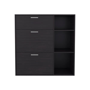 English Elm Wenge Shoe Storage Cabinet with 3 Shelves, 2 Tilt-Out Drawers & Extra Drawer — Slim 32.2"H Organizer B062P380075