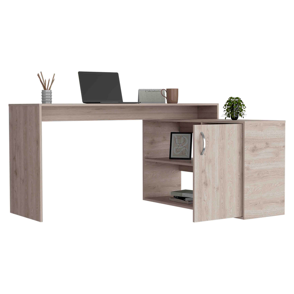 English Elm Antlia Beige L-Shaped Writing Desk with Cabinet & Two Shelves, Space-Saving Particleboard Design B128S00161