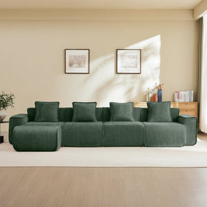 English Elm Streamlined Modular L-shaped Sectional Velvet Sofa with Ottoman and Tailored Piping Detail Green W3041S00369