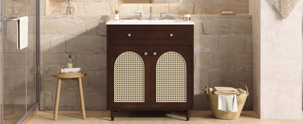 English Elm 30" Rattan Front Bathroom Vanity Solid Pine Cabinet with Ceramic Sink and Adjustable Shelf Walnut N710P293988P