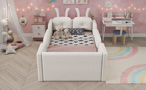 English Elm Twin Kids Platform Bed Teddy Fabric Upholstered with Bunny Cushions and Safety Rails White W2593P395806