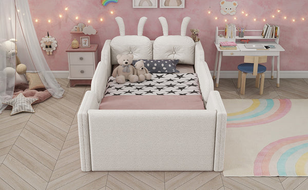 English Elm Twin Kids Platform Bed Teddy Fabric Upholstered with Bunny Cushions and Safety Rails White W2593P395806
