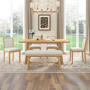 English Elm Trexm Six Piece Farmhouse Dining Set Wire Brushed Oak Veneer Table Linen Chairs Bench Natural ST000155AAN