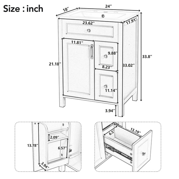 English Elm 24-Inch Bathroom Vanity with Ceramic Sink, Soft-Close Door & Drawers, Gold Handles, Durable Wood Elegance White N729P192078K