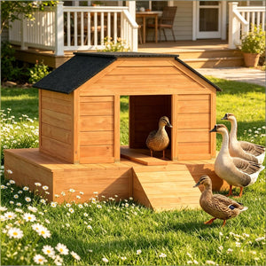 English Elm Poultry Floating Fir Wood Duck House with Asphalt Roof Ramp and Dual Ventilation Doors T3971P501996