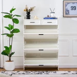 English Elm Two drawer three-fold shoe cabinet with ample vertical shelving, smooth finish, compact entryway storage White W3871P368975