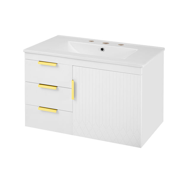 English Elm 30" Wall Mounted Bathroom Vanity with Ceramic Basin Sink, Floating Storage, Soft-Close Doors, Modern Elegance White N710P324096K