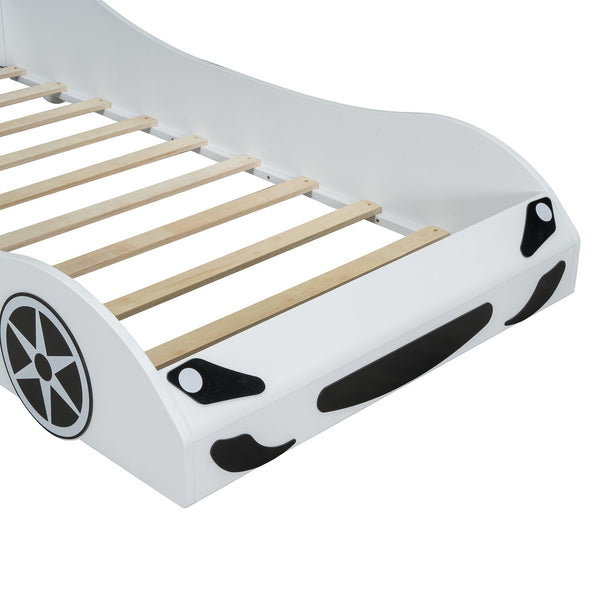 English Elm Wood Twin Race Car Platform Bed with LED Lighting, Upholstered Headrest, Sturdy Pine Build White GX002218AAK