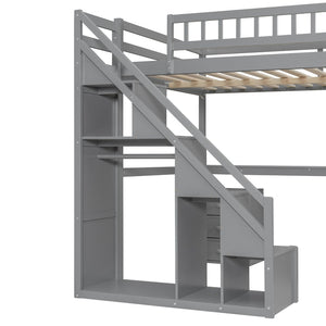 English Elm Full Size Loft Bed with Desk Drawers Led Strip and Staircase for Teen Rooms Gray LT000258AAE-1