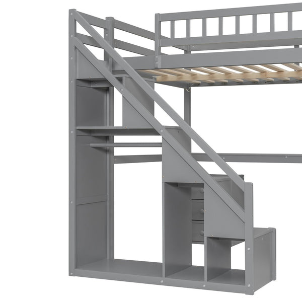 English Elm Full Size Loft Bed with Desk Drawers Led Strip and Staircase for Teen Rooms Gray LT000258AAE-1