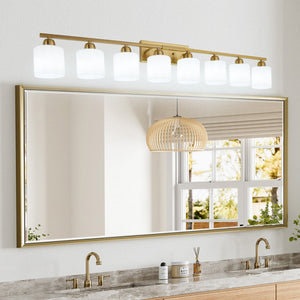 English Elm 52inch Gold Modern Vanity Light Bar with Milky White Glass Shades, 8-Light E26 Wall Sconce for Bath Dressing Room W2312P374859