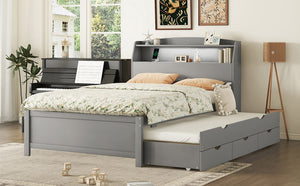 English Elm Full Size Wooden Led Platform Bed With Trundle, Storage Headboard & Usb Charging – Gray Finish N820S10009E