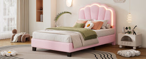 English Elm Twin Flower-Shape Upholstered Bed with LED Headboard, Pink Sherpa Platform Twin Bed for Kids Room Cozy Chic N733P177307H