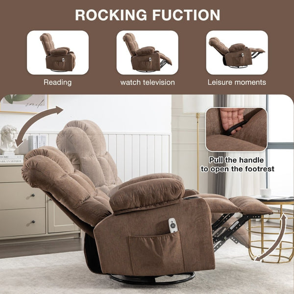 English Elm Massage Rocker Recliner Oversized Chair with Heat Vibration Usb Port and Storage Pockets Brown W1807S00011