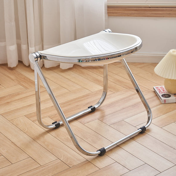 English Elm Used Ancient White Folding Stool - Transparent Retro Acrylic Portable Stackable Multiuse Seat W3318P308298