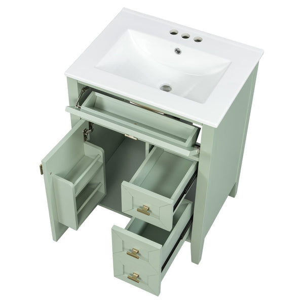 English Elm "24'' 24 Inch Glossy Freestanding Bathroom Vanity with Gold Hardware and Soft Close Storage Green Rubberwood N725P448529F