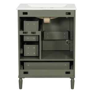 English Elm 24" Olive Bathroom Vanity Solid Wood Frame Ceramic Sink Gold Hardware Soft Close Olive Green N729P373272F