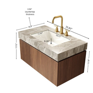 English Elm Muri Floating Bathroom Vanity Plywood Cabinet Oak Veneer Sintered Stone Top 36 Inch W2615S00593