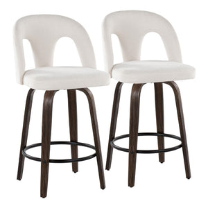 English Elm Fixed-height Swivel Counterstools with Bentwood Legs and Padded White Seats Set of 2 B202S01786
