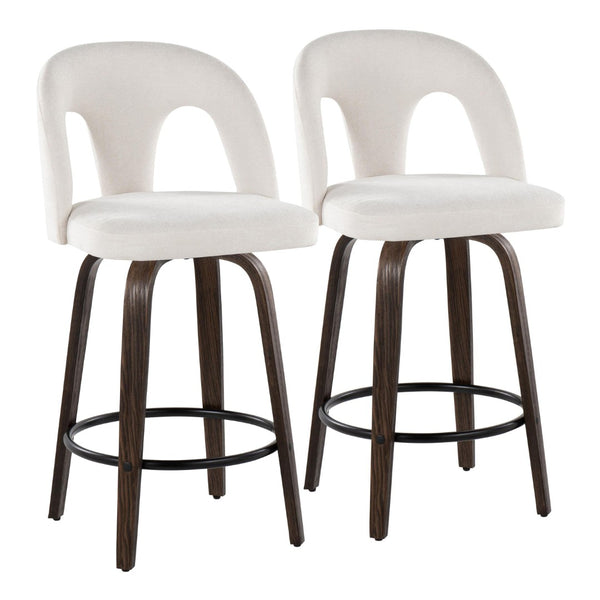 English Elm Fixed-height Swivel Counterstools with Bentwood Legs and Padded White Seats Set of 2 B202S01786