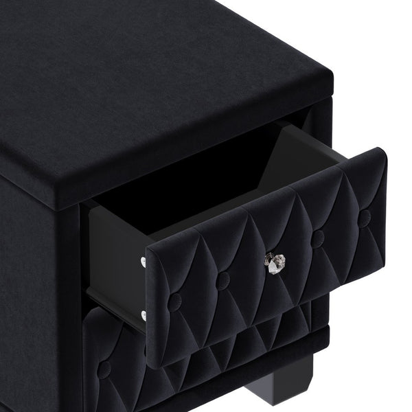 English Elm Elegant Velvet Upholstered Nightstand with Crystal Knobs Tufted Glam Bedside Storage Black N733P210398B