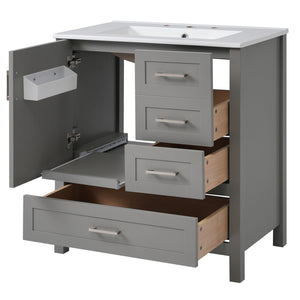 English Elm 30" Gray Bathroom Vanity with Ceramic Sink, Solid Wood Frame, Soft-Close Door & 3 Drawers for Organized Style N729P177787E