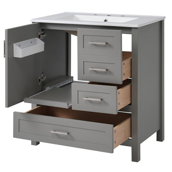 English Elm 30" Gray Bathroom Vanity with Ceramic Sink, Solid Wood Frame, Soft-Close Door & 3 Drawers for Organized Style N729P177787E