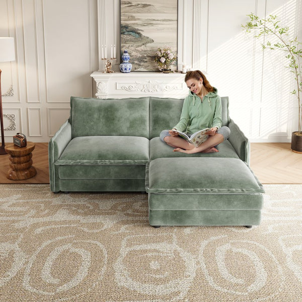 English Elm Corduroy L-Shaped 2-Seater Sectional Sofa Couch With Ottoman & Cushions For Cozy Living Spaces W834S00418