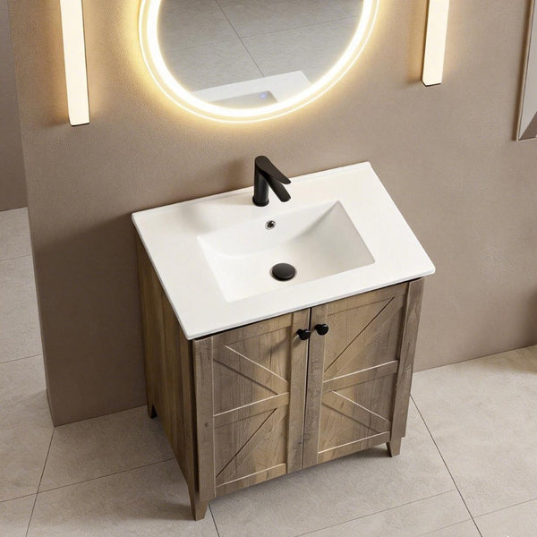 English Elm 30 Inch Floating Bathroom Vanity Fluted Wood Grain Front with Ceramic Integrated Sink Antique Grey W3520S00032