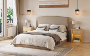 English Elm Upholstered Queen Platform Bed Curved Wingback Linen Headboard Modern Bedroom Frame Brown N733S439498N