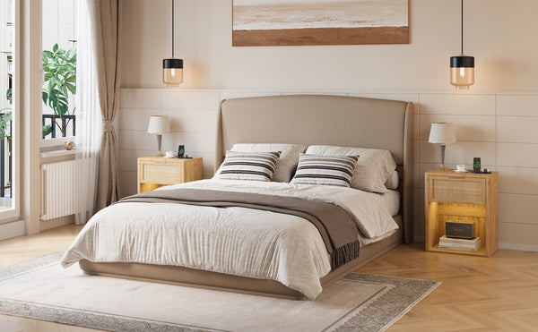 English Elm Upholstered Queen Platform Bed Curved Wingback Linen Headboard Modern Bedroom Frame Brown N733S439498N