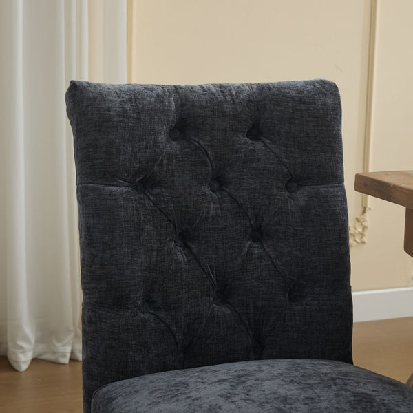 English Elm Upholstered Chenille Tufted Dining Chairs Set of 2 with Curved Wood Legs Club Style Black W1143P457781