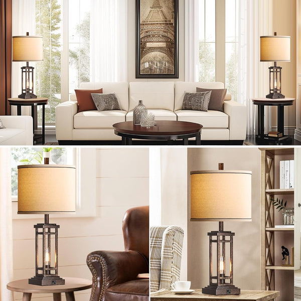 English Elm 27.5 Inch Farmhouse Bronze Table Lamp Set with Usb Charging Ports for Bedroom Decor W3355P440789
