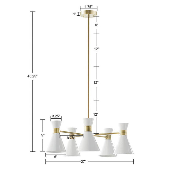 JLA Home INK+IVY - 5-Light Antique Brass Chandelier with White Cone Shades — Mid-Century Modern Sculptural Lighting II150-0118