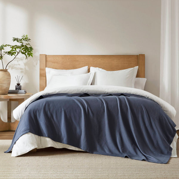 JLA Home Madison Park - Blanket crafted from Liquid Cotton for ultra-soft durability, breathable moisture-wicking, OEKO‑TEX safe comfort Navy MP51N-8379
