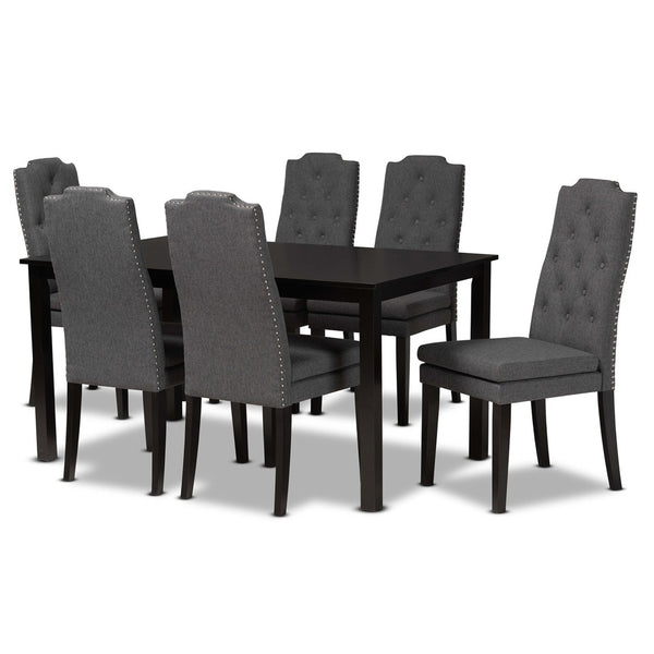 Baxton Studio Baxton Dylin 7-Piece Modern Dining Set: Dark Grey Fabric Chairs & Brown Wood Table for Elegance BBT5158-Dark Grey/Dark Brown-7PC Dining Set