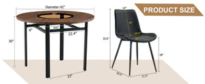 English Elm Table Set 42 Inch Round Wood Grain Glass Inlay with Six Tech-fabric Dining Chairs Brown+Black W1151S04482