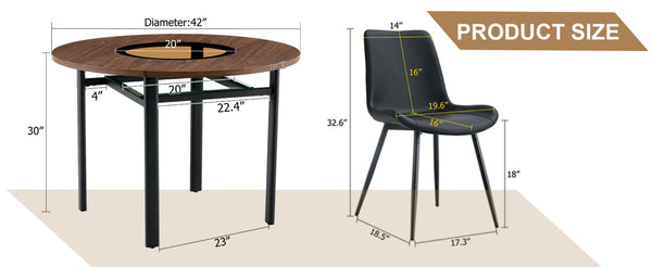 English Elm Table Set 42 Inch Round Wood Grain Glass Inlay with Six Tech-fabric Dining Chairs Brown+Black W1151S04482