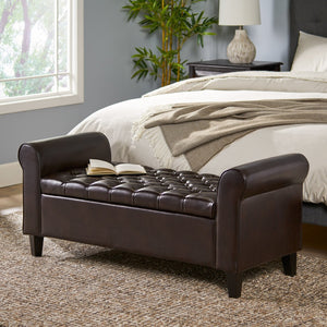 English Elm Brown Tufted Linen Storage Bench with Rolled Arms for Bedroom or Entryway N770P372389D