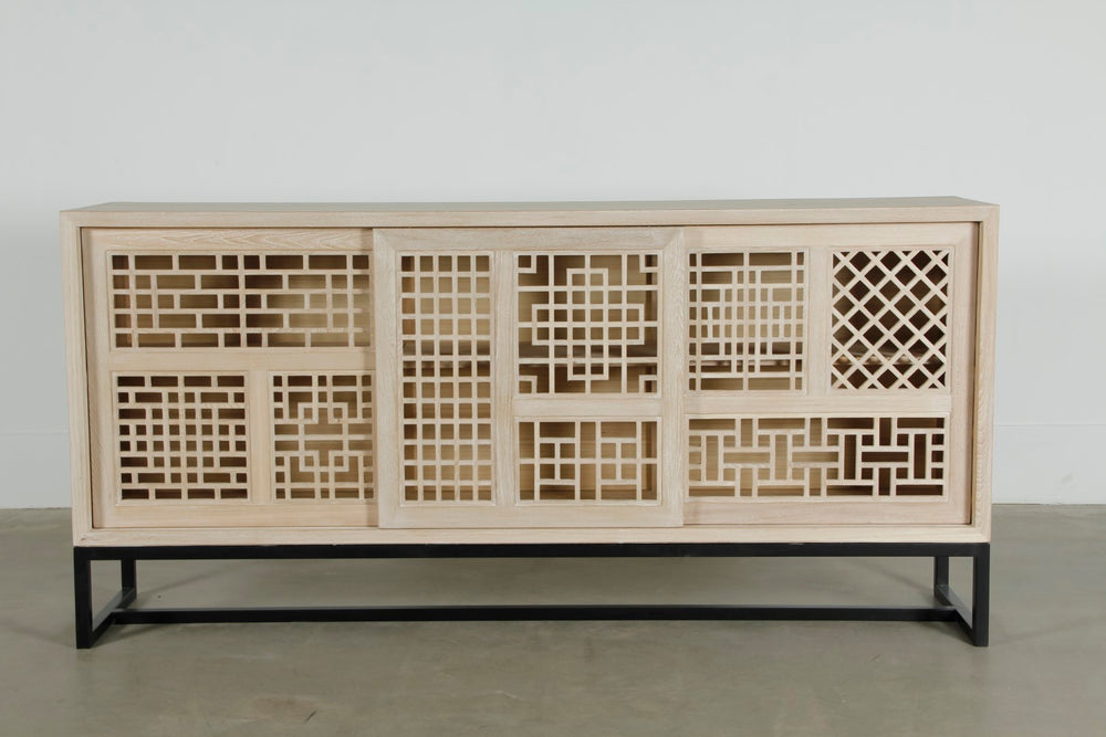 Lilys 79" Long Lilys Lattice Buffet 3 Sliding Doors With Iron Stand Natural Whitewash 9108-250-150