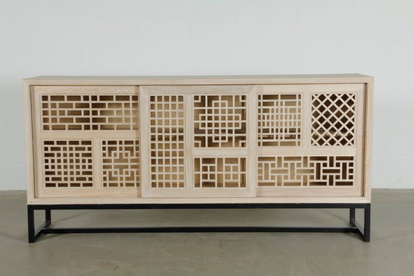 Lilys 79" Long Lilys Lattice Buffet 3 Sliding Doors With Iron Stand Natural Whitewash 9108-250-150