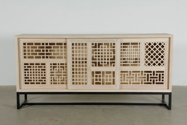 Lilys 79" Long Lilys Lattice Buffet 3 Sliding Doors With Iron Stand Natural Whitewash 9108-250-150