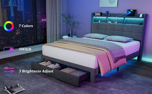 English Elm Queen LED Linen Platform Bed with USB-C/A Charging, 2 Drawers, Memory Foam Headboard, Light Gray W1550P190365