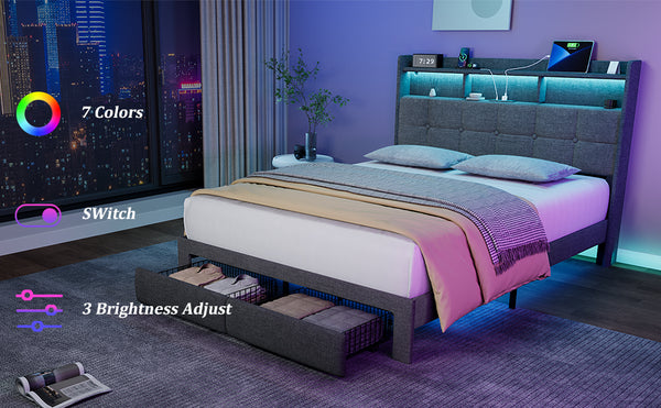 English Elm Queen LED Linen Platform Bed with USB-C/A Charging, 2 Drawers, Memory Foam Headboard, Light Gray W1550P190365