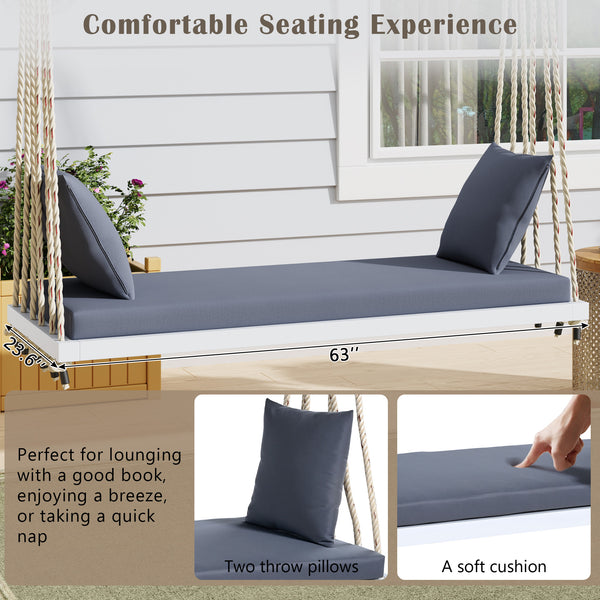 English Elm TOPMAX Acacia Wood Patio Swing Chair with Cushion & Pillows, 63" Comfortable Seat, 400lb Capacity White N717P210136K